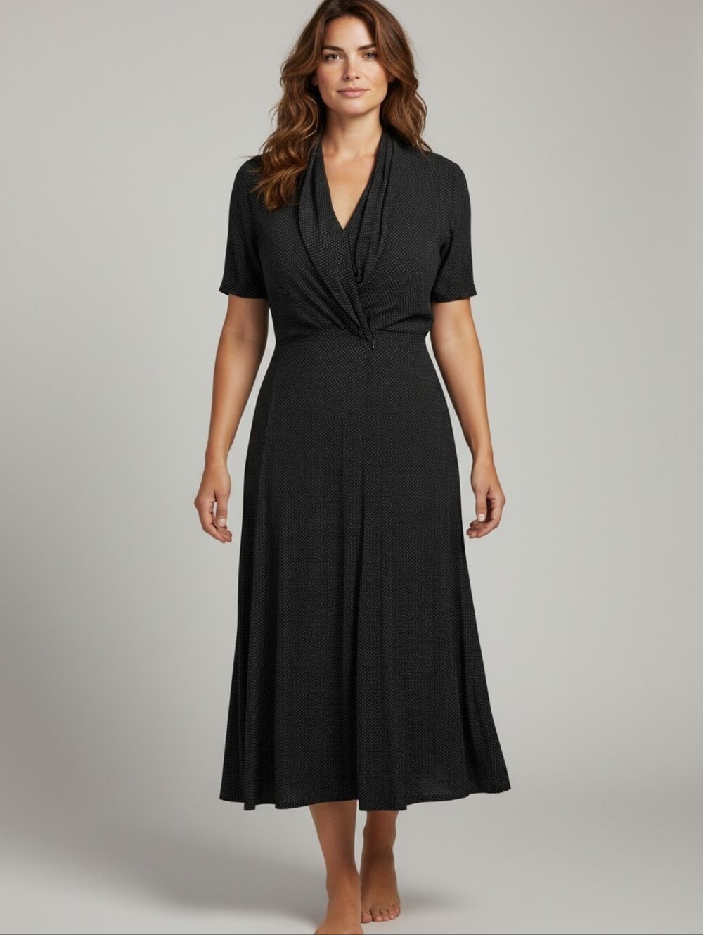 Liz Claiborne Vintage Black with White Polja Dots Tea Length Dress Preppy